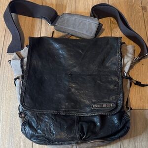 Diesel Black Leather and Gray Canvas Messenger Bag